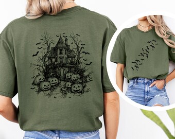 Halloween Haunted House Shirt, Spooky Pumpkin and Bats Shirt, Fall Halloween Shirt, Scary Haunted Mansion Tee, Spooky Season Shirt 483671