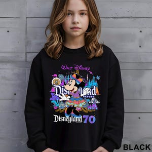 May include: Black sweatshirt featuring a colorful graphic of Minnie Mouse with the text "Disneyland Resort" and "Disneyland 70". The design includes various park elements and the Walt Disney logo.
