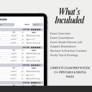 May include: A digital exam planner displayed on a tablet. The screen shows a study tracker with dates, remarks, and understanding ratings. The right side lists included features like exam overview, countdown, and study tips. Text reads "What's Included".