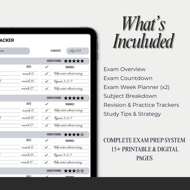 May include: A digital exam planner displayed on a tablet. The screen shows a study tracker with dates, remarks, and understanding ratings. The right side lists included features like exam overview, countdown, and study tips. Text reads "What's Included".