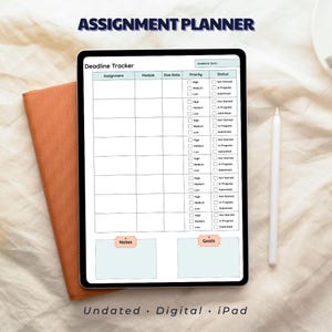 Könnte beinhalten: Ein digitaler Aufgabenplaner auf einem iPad. Er zeigt einen Fristen-Tracker mit Feldern für Aufgaben, Priorität und Status. Der Text "ASSIGNMENT PLANNER" steht oben. Der Planer hat auch Abschnitte für Notizen und Ziele.