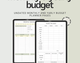 May include: Two digital tablets displaying undated monthly and yearly budget planner pages. The text "monthly & yearly budget" is at the top. The monthly budget page has sections for income, expenses, and notes. The yearly page has sections for income, expenses, savings, and totals.