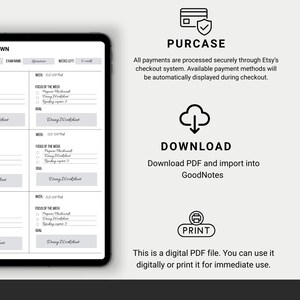May include: A digital planner displayed on a tablet, featuring a weekly layout with sections for focus, goals, and tasks. The image also includes icons for purchase, download, and print, along with text explaining the digital PDF file.
