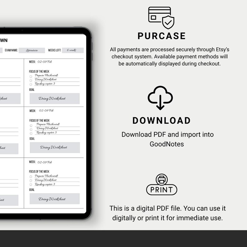 May include: A digital planner displayed on a tablet, featuring a weekly layout with sections for focus, goals, and tasks. The image also includes icons for purchase, download, and print, along with text explaining the digital PDF file.