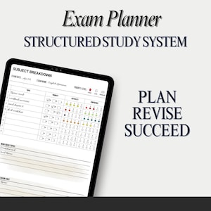 May include: A black tablet showing an exam planner with the text "Exam Planner STRUCTURED STUDY SYSTEM." The screen displays a subject breakdown with topics, priority levels, and difficulty ratings. The words "PLAN REVISE SUCCEED" are also visible.