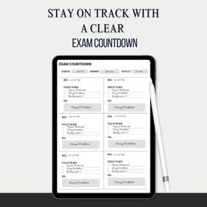May include: A digital exam countdown planner displayed on a tablet with a white stylus. The planner includes sections for exam dates, names, and weekly focus areas. The text "STAY ON TRACK WITH A CLEAR EXAM COUNTDOWN" is at the top.