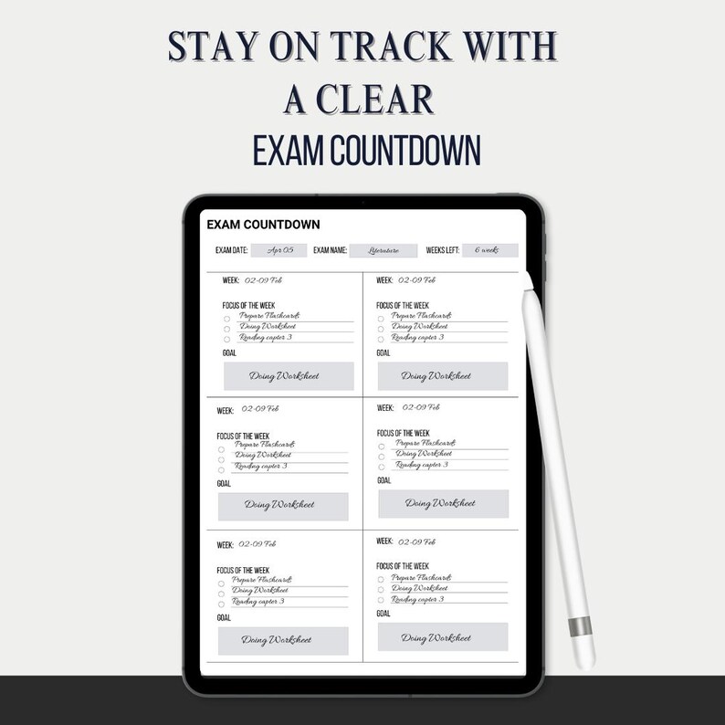May include: A digital exam countdown planner displayed on a tablet with a white stylus. The planner includes sections for exam dates, names, and weekly focus areas. The text "STAY ON TRACK WITH A CLEAR EXAM COUNTDOWN" is at the top.