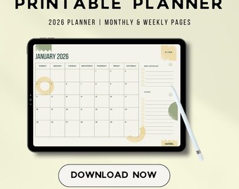 May include: A digital planner for 2026, featuring monthly and weekly pages. The tablet displays a January 2026 calendar with a minimalist design. The image includes the text "SIMPLE & MINIMAL" and "DOWNLOAD NOW". A stylus is also visible.