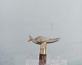 Antique Solid Brass Peacock Head Handle Vintage Style Wooden Black Plain Walking Stick