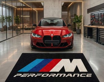 BMW M PERFORMANCE Premium luxe vloerkleed met logo en displaymat – garage, thuis, kantoor, showroomvloerdecor, 60 x 87 in / 150 x 220 cm