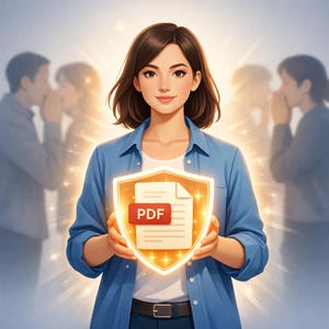 May include: An illustration of a woman holding a glowing shield with a PDF document icon. The woman wears a blue shirt and smiles. In the background, blurred figures appear to be whispering, suggesting data protection.