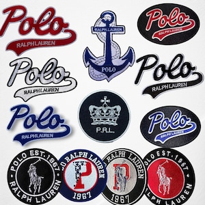 May include: A collection of embroidered patches featuring the "Polo Ralph Lauren" logo in various designs. The patches include the brand's name, an anchor, a crown, and a polo player. Colors include red, white, blue, and black.