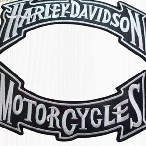 May include: Two black and white Harley-Davidson motorcycle patches. The top patch reads "HARLEY-DAVIDSON" in white, arched lettering. The bottom patch reads "MOTORCYCLES" in white, arched lettering. Both patches have a black border.