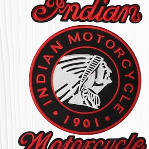 May include: Embroidered patches featuring the "Indian Motorcycle" logo. The patches include the word "Indian" in red script above a circular patch with a Native American profile and the words "Indian Motorcycle 1901". The word "Motorcycle" is below.