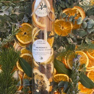 Può includere: Un tubo trasparente pieno di fette d'arancia essiccate, bastoncini di cannella e spezie, etichettato "ABUNDANCE". Il tubo è legato con spago e circondato da verde e fette d'arancia, creando un pot-pourri naturale.