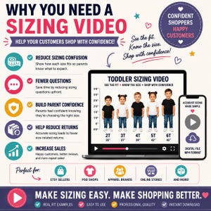 May include: An infographic titled Why You Need A Sizing Video featuring a laptop and smartphone displaying a toddler sizing video with height charts and size labels from 2T to 6T. It lists benefits like reducing returns and increasing sales.