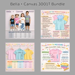 May include: A Bella + Canvas 3001T toddler t-shirt bundle information graphic. It includes a size chart with measurements in inches, a product guide detailing fabric composition, care instructions, and a visual guide on how to measure the shirts.