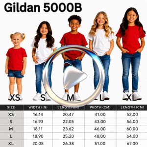 May include: A Gildan 5000B t-shirt size chart featuring five children wearing red or white t-shirts with blue jeans. The chart displays sizes XS through XL with corresponding widths and lengths in inches and centimeters, plus a play button icon.