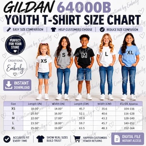 May include: A Gildan 6400B youth t-shirt size chart featuring five children wearing shirts labeled XS, S, M, L, and XL. The chart includes a table with length and width measurements in inches and centimeters, plus EU/DE size approximations.