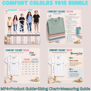 May include: A Comfort Colors 9018 youth t-shirt bundle display featuring a sizing chart with measurements in inches and centimeters, a product guide with fabric details, and a measuring guide showing body length and chest width for sizes XS to XL.