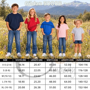 May include: Gildan 5000B Heavy Cotton Tee in five colours: navy, red, royal blue, light pink, and grey. A sizing chart displays width and length in centimetres for sizes XS through XL, ranging from 41.00 to 51.00 cm wide and 52.00 to 67.00 cm long.