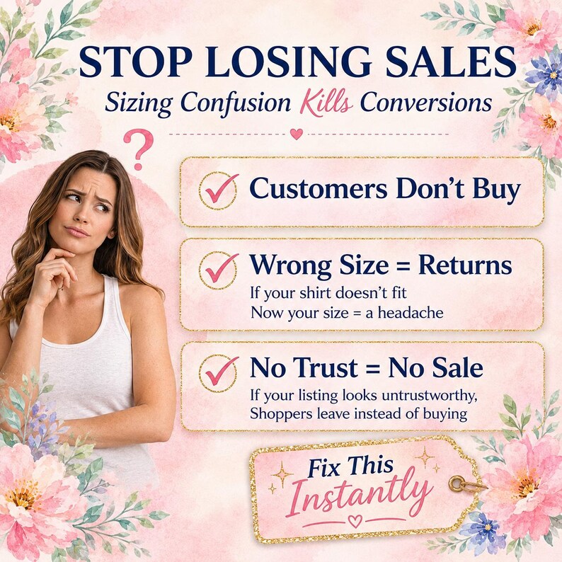 May include: An informational graphic with floral borders featuring the text STOP LOSING SALES, Sizing Confusion Kills Conversions, Customers Don't Buy, Wrong Size = Returns, No Trust = No Sale, and Fix This Instantly, alongside a person looking confused.