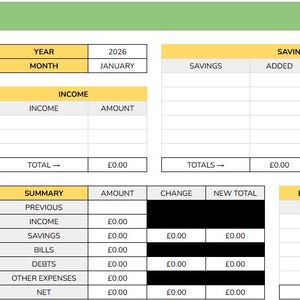 May include: A digital financial planning template with a green header that reads "CURRENT MONTH" and a green "Submit" button. The template includes sections for income, savings, bills, and debts, with fields for entering amounts and totals. The year is 2024 and the month is January.
