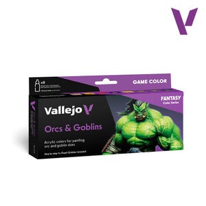 May include: A Vallejo Game Color set of eight acrylic paints for painting orc and goblin skins. The black and purple box features the text Orcs & Goblins, Fantasy Color Series, and includes a step-by-step guide by Ángel Giráldez. Each bottle is 18 ml/0.6 fl oz.