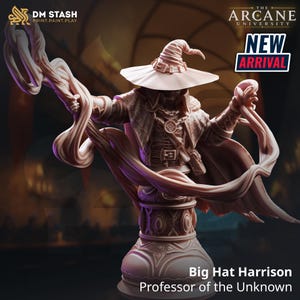 Big Hat Harrison, Professore dell'Ignoto Miniatura in resina DnD Busto Stregone Mago Miniatura TTRPG Tavolo 5e DM stash Università Arcana