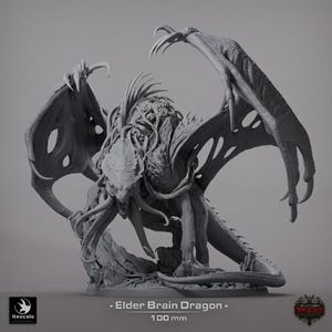 Könnte beinhalten: Eine graue Elder Brain Dragon Miniaturfigur mit großen Flügeln, mehreren Tentakeln um das Maul und einer texturierten, gehirnartigen Struktur auf dem Rücken. Die Basis enthält den Text Elder Brain Dragon und 100 mm.