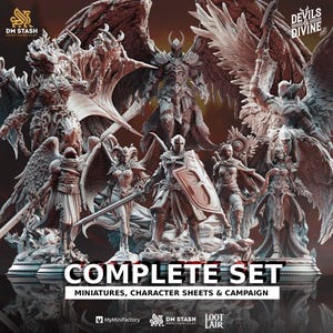 Puede incluir: Un conjunto completo de miniaturas detalladas, hojas de personajes y materiales de campaña. La imagen presenta varias figuras de fantasía, incluyendo ángeles, demonios y caballeros, con diseños intrincados y alas. El texto "COMPLETE SET" es visible.