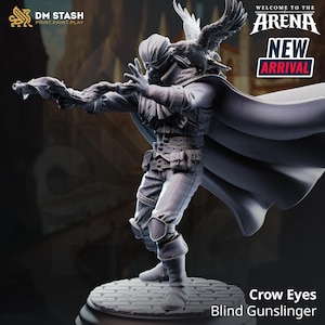 May include: A detailed figurine of a character from the Arena, a blind gunslinger with a crow perched on their head. The figure is in a dynamic pose, holding a gun. The text "NEW ARRIVAL" is visible.