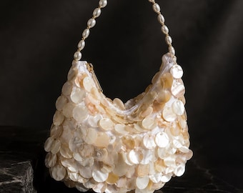 Mother of Pearl Bag, Beaded Seashell Purse, Pearl Strap Shoulder Bag, Handmade Bridal Clutch, Elegant Wedding Guest Evening Party Bag