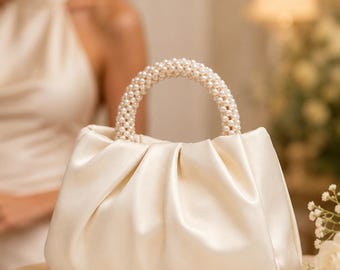Pearl Handle Satin Evening Bag, Ruched Bridal Purse, Wedding Guest Handbag, Elegant Formal Dinner Bag