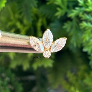 May include: A gold-coloured ear piercing stud featuring a cluster of clear, marquise-cut crystals in a floral arrangement. The stud is set against a blurred green backdrop. The text "PIERCING CART" is visible.