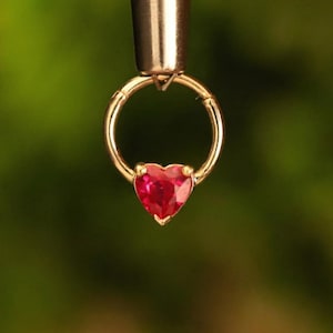 Pink Heart Nose Ring, Red Gem Nose Hoop, Dainty Septum Ring, Minimalist Piercing Jewelry, Cute Romantic Gift for Her