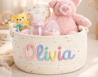 Personalisierter Baumwollseil-Baby-Korb, benutzerdefinierter Name Kinderzimmer-Aufbewahrungskorb, Windel-Caddy