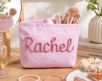 Personalized Seersucker Makeup Bag, Crochet Name Toiletry Pouch, Bridesmaid Gift
