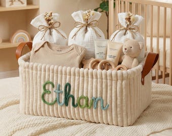 Cestino per neonati personalizzato in velluto a coste, contenitore per la cameretta, nome in filato lavorato a maglia, regalo per baby shower