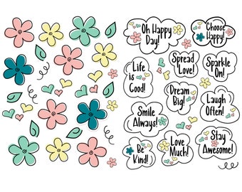 Hoja de Adhesivos Digital Flores y Frases Felices Positivas. Más de 35 pegatinas. Pegatinas del planificador, pegatinas del cuaderno.
