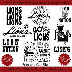 Lions SVG Bundle, Lions Nation,  Sports Mom, Sports Dad, Png, Svg,  Lions Sublimation Set of 9 Files.  Grunge PNG Included.