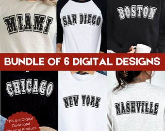 Ciudades SVG Nashville Nueva York Boston Miami San Diego Chicago Conjunto de 6 archivos. PNG grunge en blanco y negro incluido.