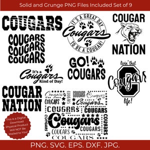 Cougars SVG Bundle Cougar Nation Sports Mom Sports Dad Png Svg Cougar Sublimation Ensemble de 9 fichiers. Grunge PNG Inclus Cougars Football