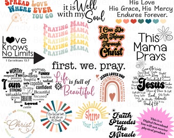 16 christliche Phrasen und Designs für SVG, png und mehr. Cut Dateien für alle Schneidemaschinen, plus Sublimation.