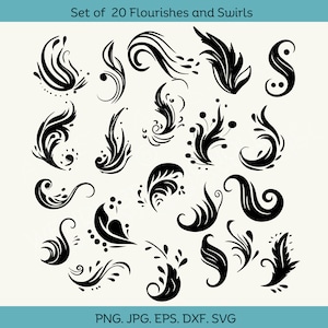 May include: A set of 20 black and white vector illustrations of flourishes and swirls. The designs are intricate and elegant, perfect for adding a touch of whimsy to any project.