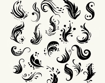 Remolinos y florecimiento SVG Clip Art Archivos de corte digital Paquete de 20 Swish Curly SVG Acentos decorativos de boda Doodles Clipart