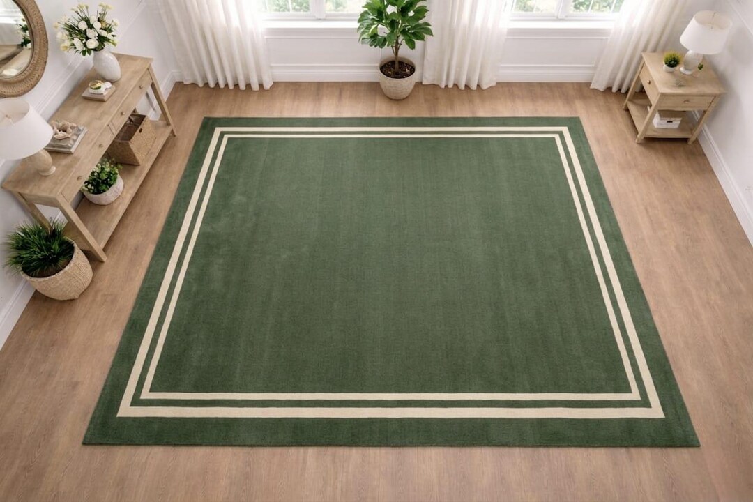 Double Rugs Saga Green Area Rug With Double Border | Hand-tufted Cut Pile Rug ...