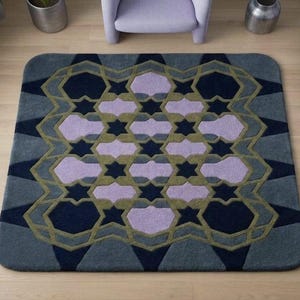 Modern Geometric Star Area Rug | Lilac & Olive Green Cut Pile Hand Tufted Carpet | Ultra-Luxury Square Rug for Living Room