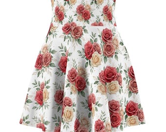 Vintage Rose Floral Skater Skirt | Watercolor Red Pink Roses on White