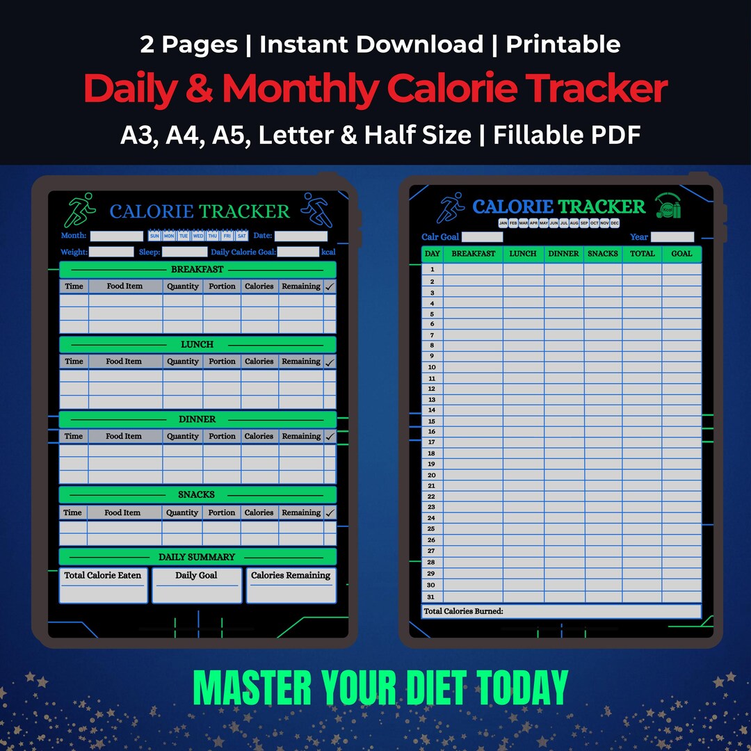 Neon Calorie Tracker | Daily & Monthly Food Log (digital, Printable PDF ...